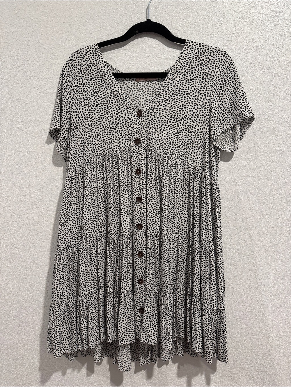Button Front Short Sleeve White Black Dot Babydoll Dress